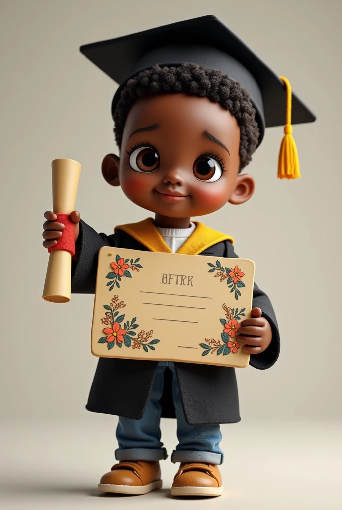 Dark brown male child doll in graduation outfit holding a cartoon style diploma with cropped hair