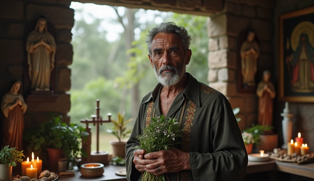 Create an ultra-realistic image of a traditional Brazilian male healer, around 70 years old, dressed in refined, elegant clothing. He is performing a traditional benzimento ritual, holding a bundle of herbs like rue and basil in his hands. His expression is serene and focused as he conducts the ritual. In the background, include candles, aromatic herbs, and various saint statues, all contributing to an atmosphere of energy and blessing.