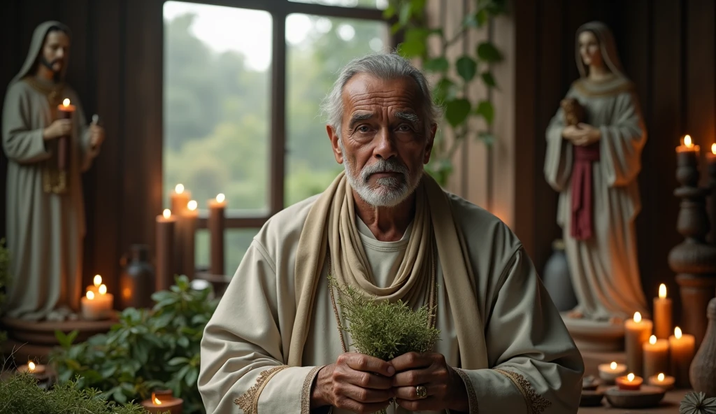Create an ultra-realistic image of a traditional Brazilian male healer, around 70 years old, dressed in refined, elegant clothing. He is performing a traditional benzimento ritual, holding a bundle of herbs like rue and basil in his hands. His expression is serene and focused as he conducts the ritual. In the background, include candles, aromatic herbs, and various saint statues, all contributing to an atmosphere of energy and blessing.