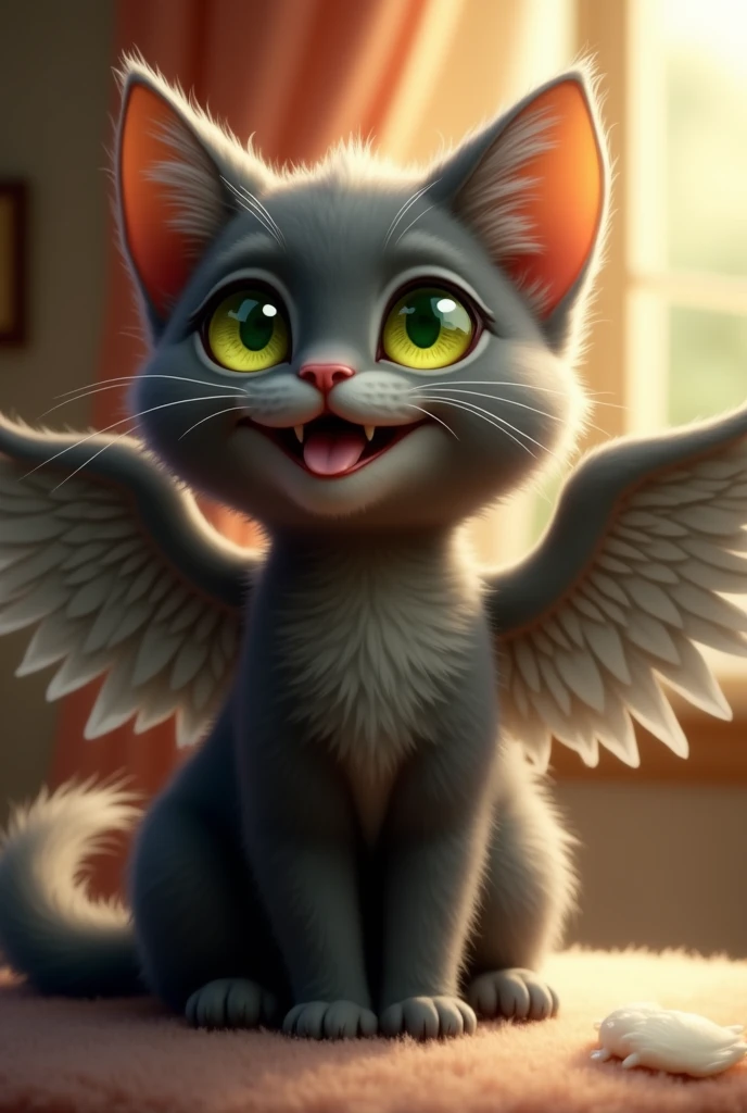 Furry dark gray cat animal with lemon green eyes and wings happy