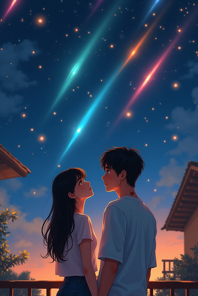 I would like you to make a digital illustrated image, not animated nor real, of a couple in love, young adults 20 years old, On a balcony watching shooting stars of various colors, the girl has white skin, black hair with bangs, Golden eyes. The boy has white skin, pelo negro y Golden eyes, She also has a tattoo of a red rose on her neck.