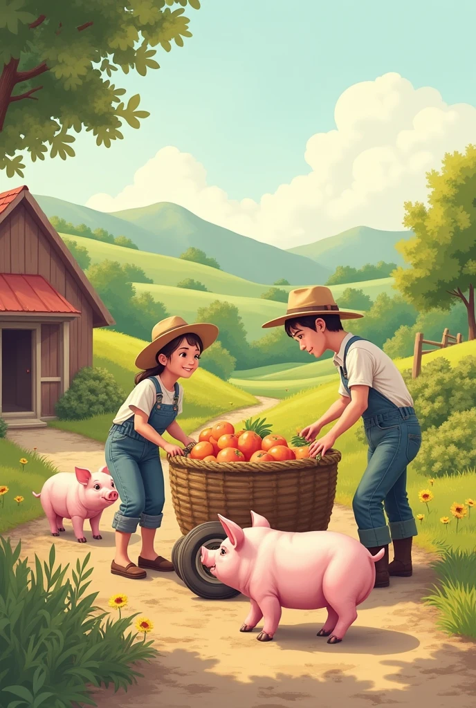Men and women working on a farm with pigs, cute and tender drawing