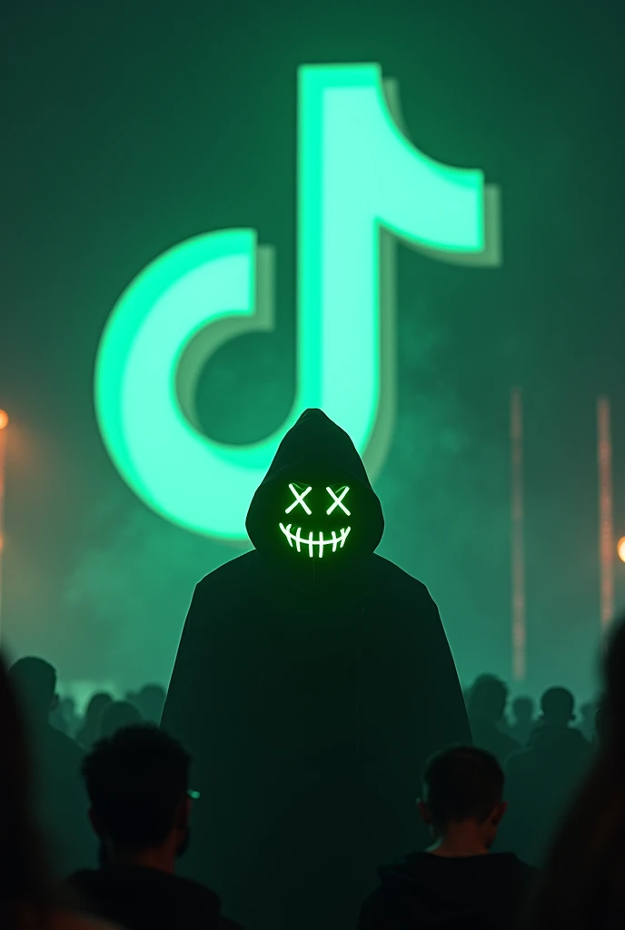 Black shadow wearing a green neon Halloween mask looking at the people below in the background with the large TikTok logo and fog 