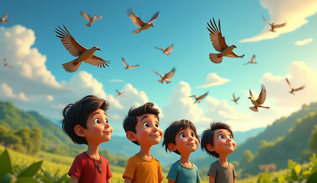 3d pixar animation style by A COUPLE OF CHILDREN FROM EL SALVADOR OBSERVING THE SKY THROUGH WHICH BIRDS OF MANY TYPES AND SPECIES FLY, INCLUDING: PARAKEETS, MOCKINGBIRDS, TOROGOCES, PARROTS, MACAWS, GUACALCHIAS, WOODPECKERS, BROWN EAGLES, HAWKS