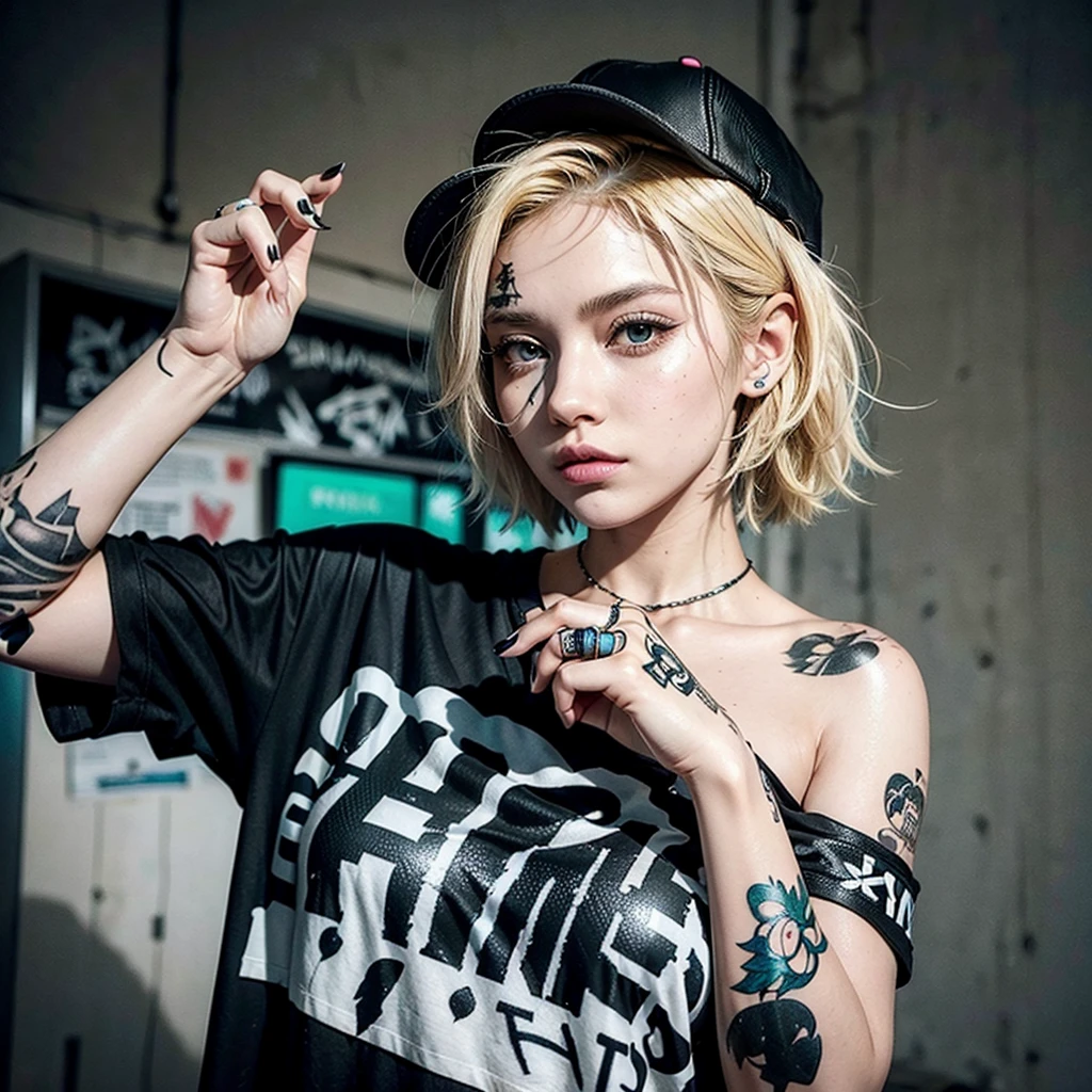 ultra realistic image of a woman with a hip hop and alternative aesthetic. Her hair is blonde and short to her shoulders. She is wearing a black short-sleeved t-shirt with a large print all the way to the end of the shirt. She has several tattoos on her arms. Her nails are painted neon green to match her hair, and she makes a 'peace and love' gesture with her right hand and her left hand is holding the shirt to show the print it has. The background is a gray and white gradient with black graffiti dripping.