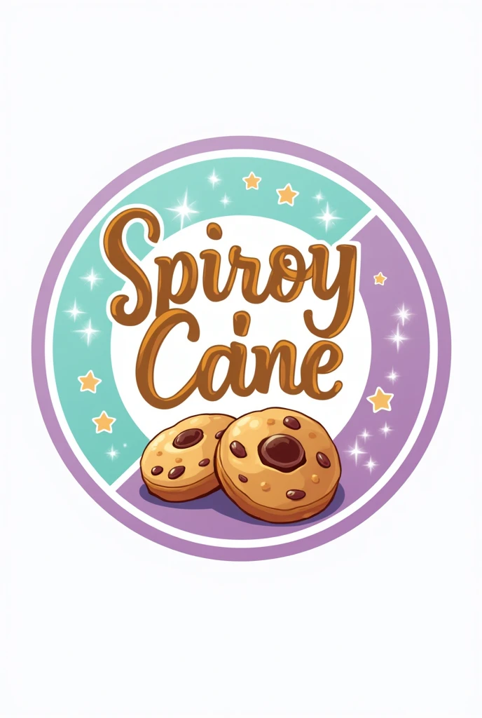 circular logo with a white background color, with turquoise and lilac colors , and inside something related to delicious cookies appears, with a fun and youthful style with bright sparkles that shows the cookie-like delicious name in cursive and gold color