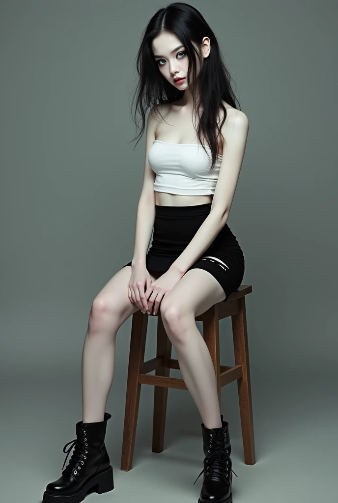 A (((full-body))) picture of an ethereally beautiful 1 girl. She has youthful caucasian features and ((very pale white skin)). Her eyes are a striking blue, and she is wearing ((heavy black eye makeup)). She has a very slim body with long thin legs and large round breasts. She is wearing a tight white crop top, a very short black miniskirt, and black boots. She is sitting in a provocative pose that shows off her legs, and her (((whole body from head to toe))) is shown in the photo, (((NSFW))), (((Nude))).