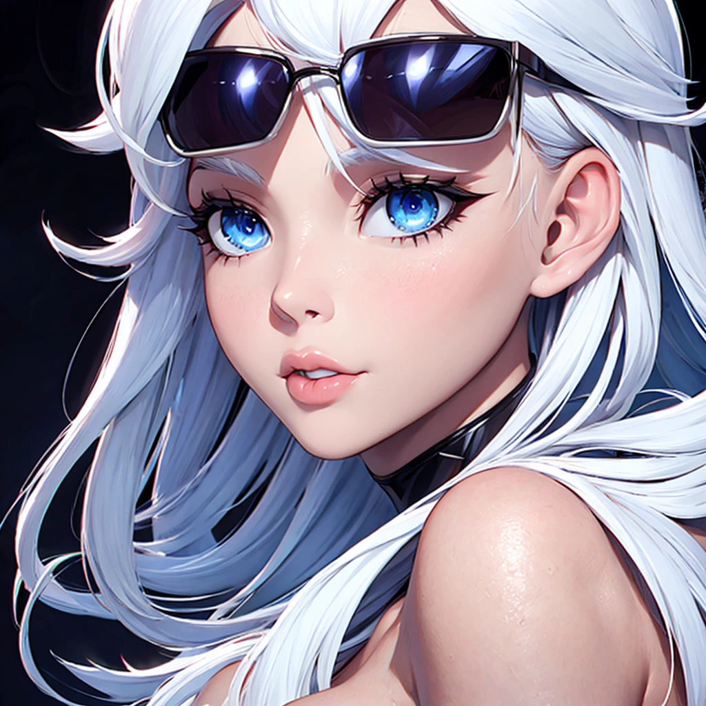 Dark Background、sunglasses、One girl, solo, White Hair、Light blue eyes、Gaze, Cinematography, skin、Close up on face、Leaning forward、lips、