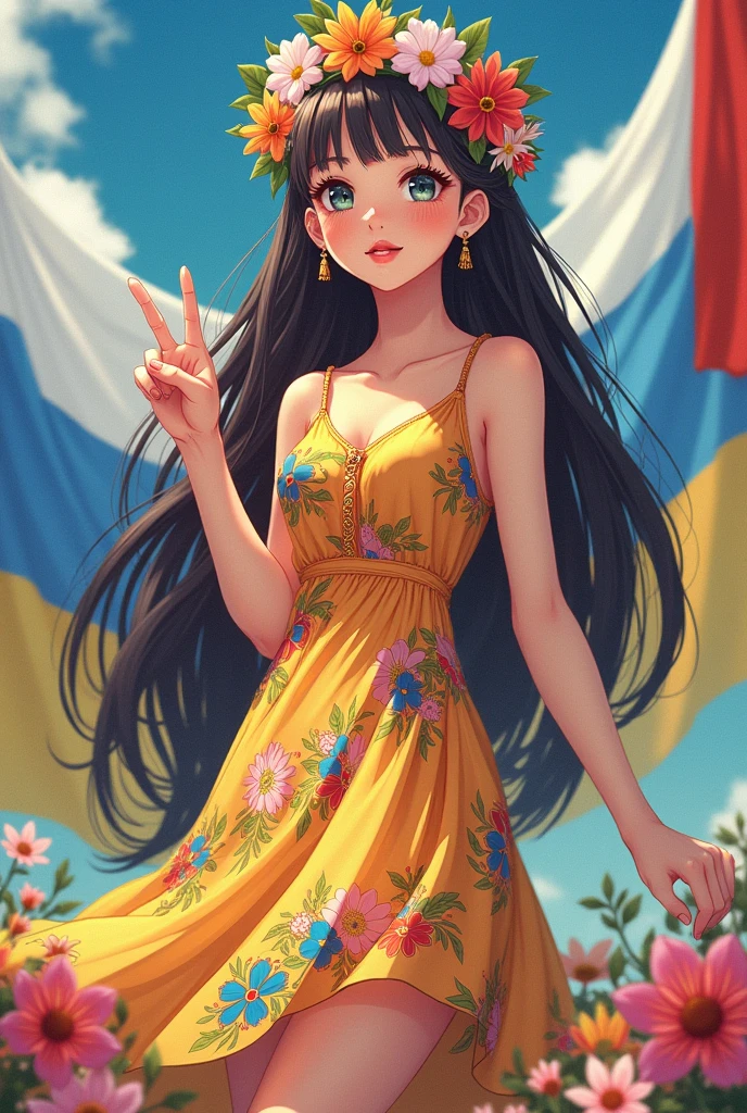 Hippie anime girl with a 60s flowerpower dress, and a hippie flowers crown, making the peace and love symbol with a hand, perfect and balanced draw hands, at the background Israel, Palestine, Russia and Ukraine flags.