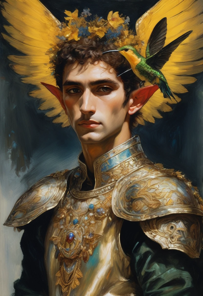 {{Colossal Masterpiece, best quality, holographic watercolor, by James Tissot, by Gustave Moreau, surreal}}, (((((dramatic portrait of a male elf Garuda, short hair, elf ears, golden yellow skin color, cruel, arrogant expression))))). ((((he is displaying his iridescent multicolored hummingbird wings with flowers, he is wearing a blood stained armor made of holographic material, wearing bead pendants)))).