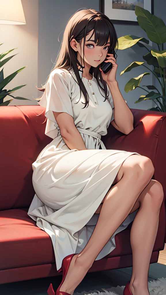 A girl in a dress answering a phone call while sitting on a couch. Perfect body