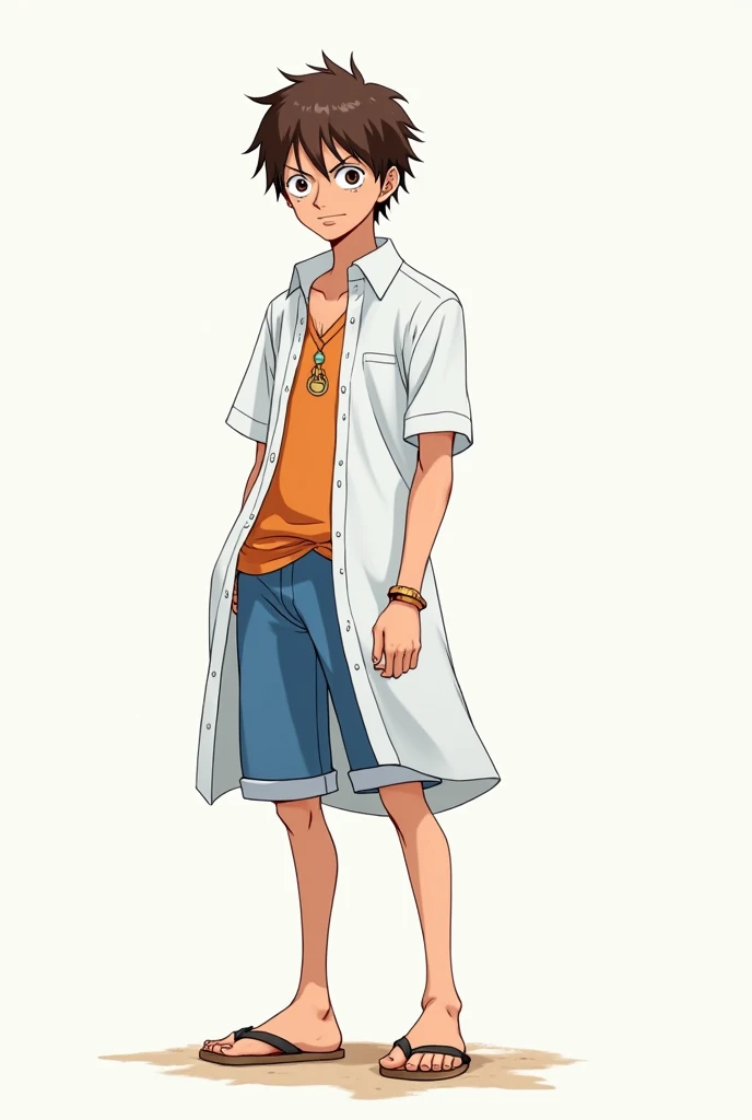 I wanted you to create an image for me , It would be a human in the One Piece model , about 30 years old , with short brown hair , Brown eyes , wearing a long white shirt, with blue shorts and flip-flops