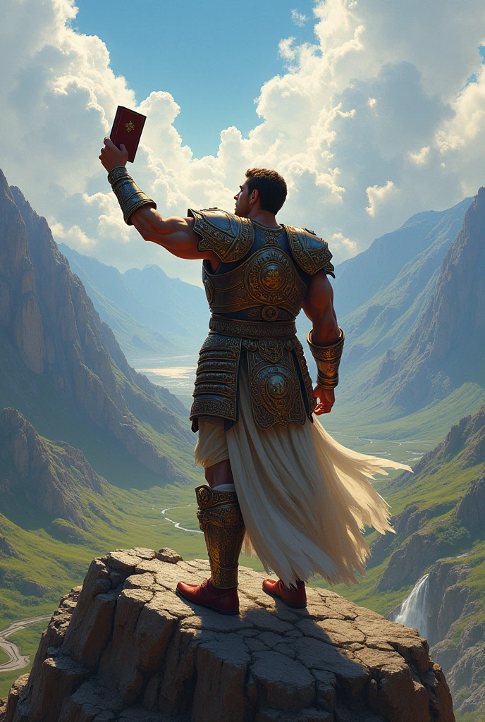 WARRIOR with back armor in a landscape going up, preaching the word of God bible in hand