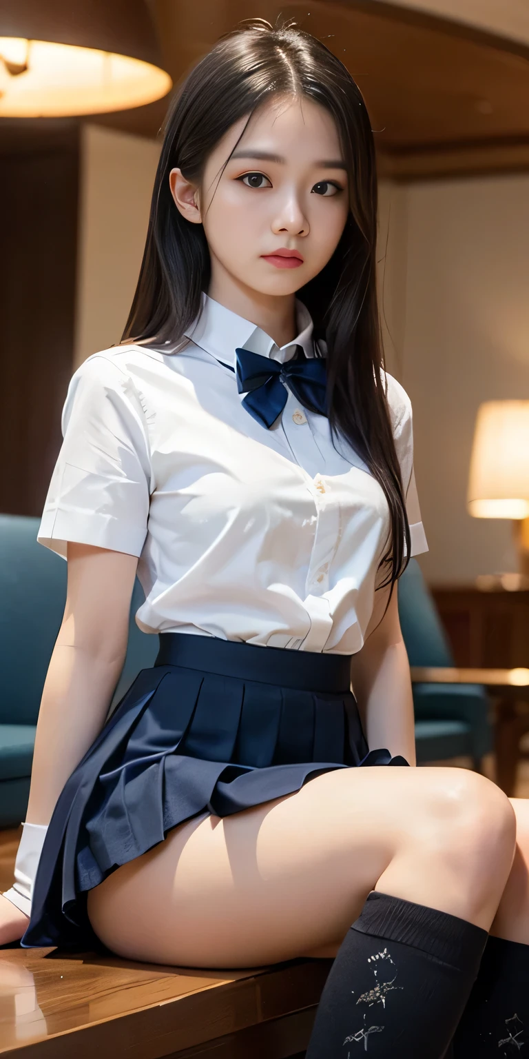 (Tabletop, Highest quality:1.4), Beautiful Face, 8k, 85mm, Absurd, from the front、1、1、((Very cute school uniform :1.4))、((hotel lobby:1.4))、(((White short sleeve shirt:1.4)))、 ((Cowboy Shot:1.5))、delicate, alone、((Dark blue pleated skirt:1.4))、((Navy blue student bowtie:1.4))、((Dark blue socks:1.4))、((Dark blue panties:1.4))、((Medium Long Straight Hair:1.4))、View Audience, Upper Body, Film Grain, chromatic aberration, Sharp focus, Face Light, Professional Lighting, Sophisticated, (Troubled expression:1.4), ( background, Bokeh background:1.2), ((Confused expression:1.4))、detailed aspects、((Black knee-high socks:1.5))、