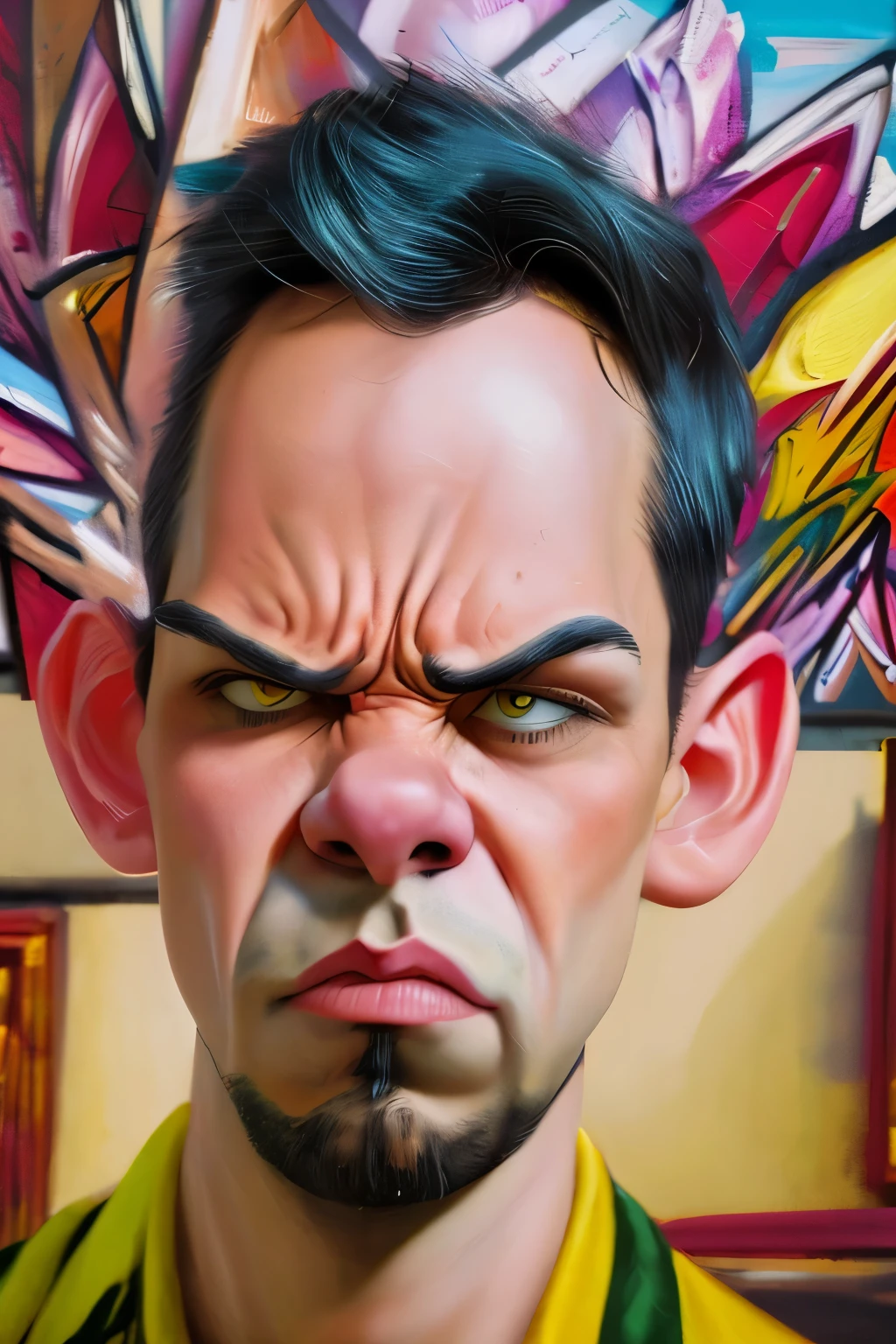 Comic ART. (((A caricature of a young man, Cartoon style))), exaggerated angry facial expression, vivid colors, cinematic lighting, cartoon style, vibrant reds and yellows, highly detailed with exaggerated features, comic tone, dynamic pose, expressive eyes, furious expression, (masterpiece: 2), best quality, ultra highres, original, extremely detailed, perfect lighting
