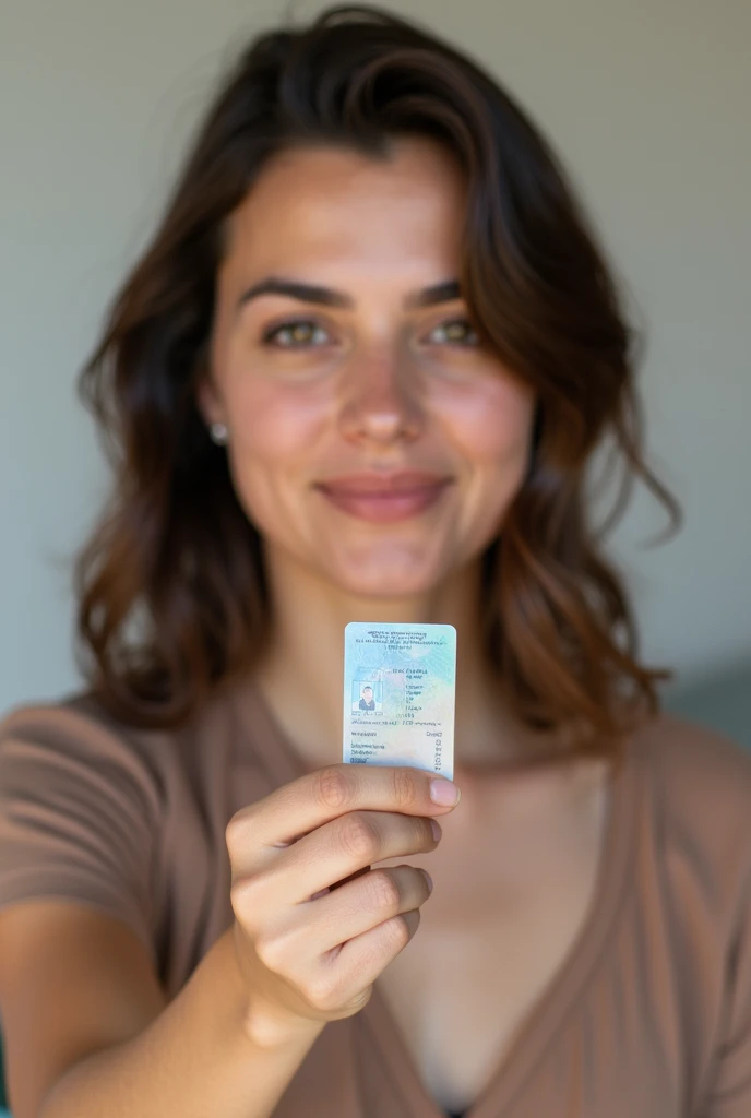 Take a selfie with  a woman's the left hand holding an ID card. Where There will be no blur in the image the woman's face is clearly understood. There will be no blur on the ID card 