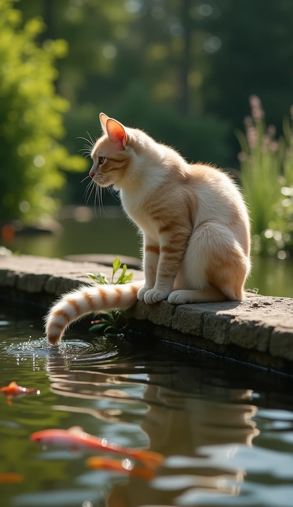 super realistic, Cat&#39;s tail in the water. A cat sits on the bank of a pond in the garden, dipping his tail into the water. The cat looks at its tail with interest, Shadows of fish are visible in the pond. Does a cat try to catch fish with its tail??? (lol) Bokeh effect, depth of field, hyperrealistic, Professional photography, Cinema Lighting