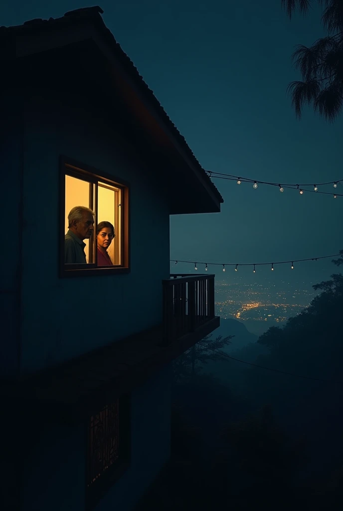 create cinematic, photo realistic film poster of a man and his wife peeping through window of a first floor house at someone down below, suspiciously, side face profile, Darjeeling at late night, no other houses in the vicinity,