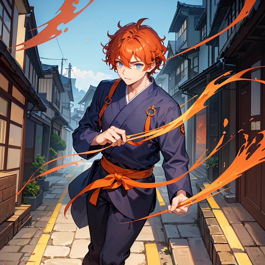 A boy with curly dark
Orange hair blue eyes blue ninja outfit anime in an Japanese old city handsome freckles