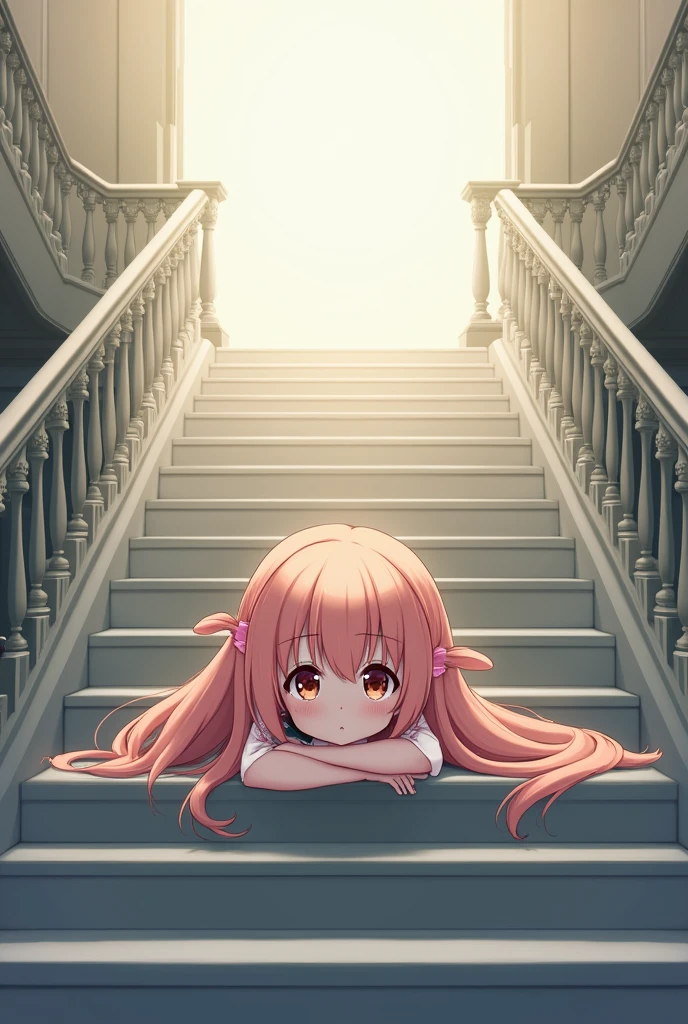 An anime style girl lying on the stairs facing forward