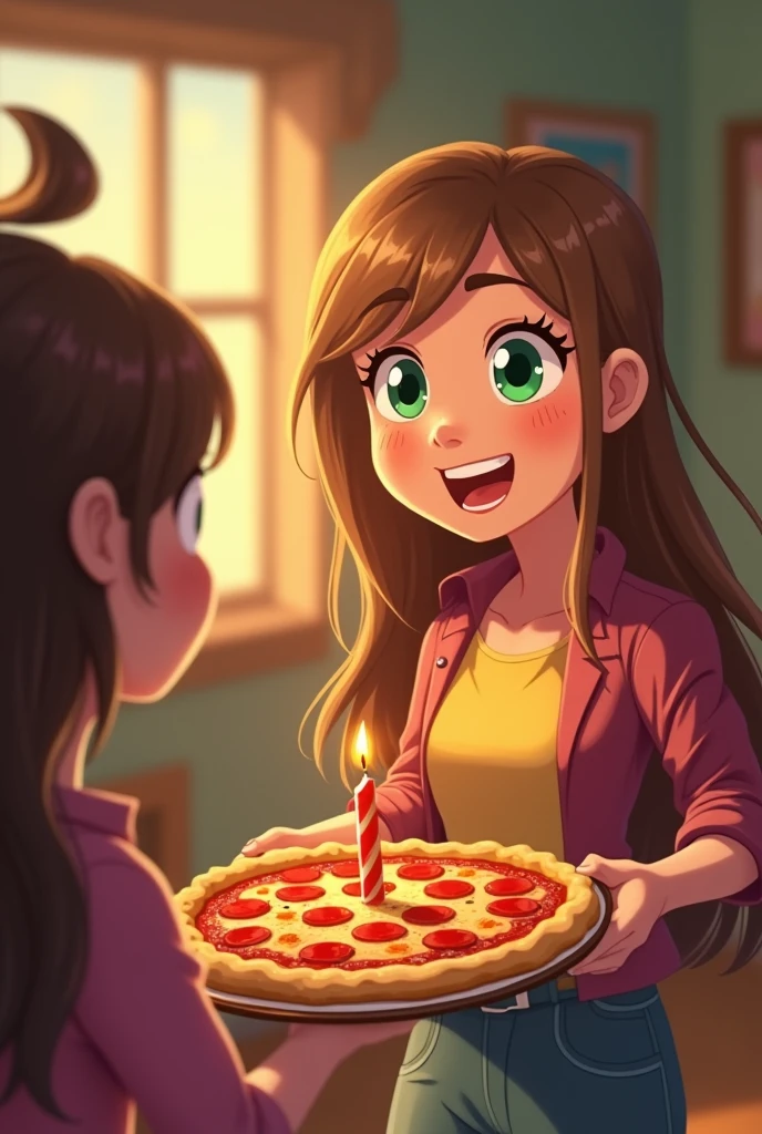 I want to congratulate my friend on his 27th birthday today. He likes pizza, and I would like the pizza to have a 27th birthday candle on it. I'm 2 with long light brown hair and green eyes. I would also like the image to be an animation (like a cartoon) showing me bringing a birthday pizza to him