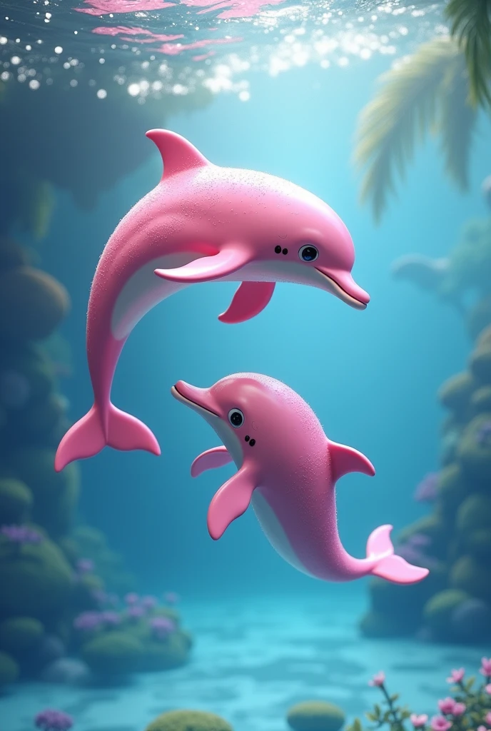 2 Pink Dolphins in the water with background