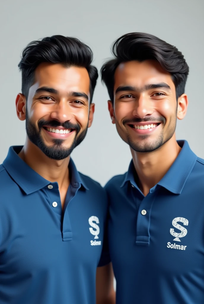 a 2 young man, 169CM TALL, 59kg, WITH MEDIUM MUSTACHE, sem beard, BLACK EYEBROWS AND BLACK STRAIGHT HAIR, WITH BLUE POLO SHIRT WITH SOLMAR COMPANY LOGO, Grinning