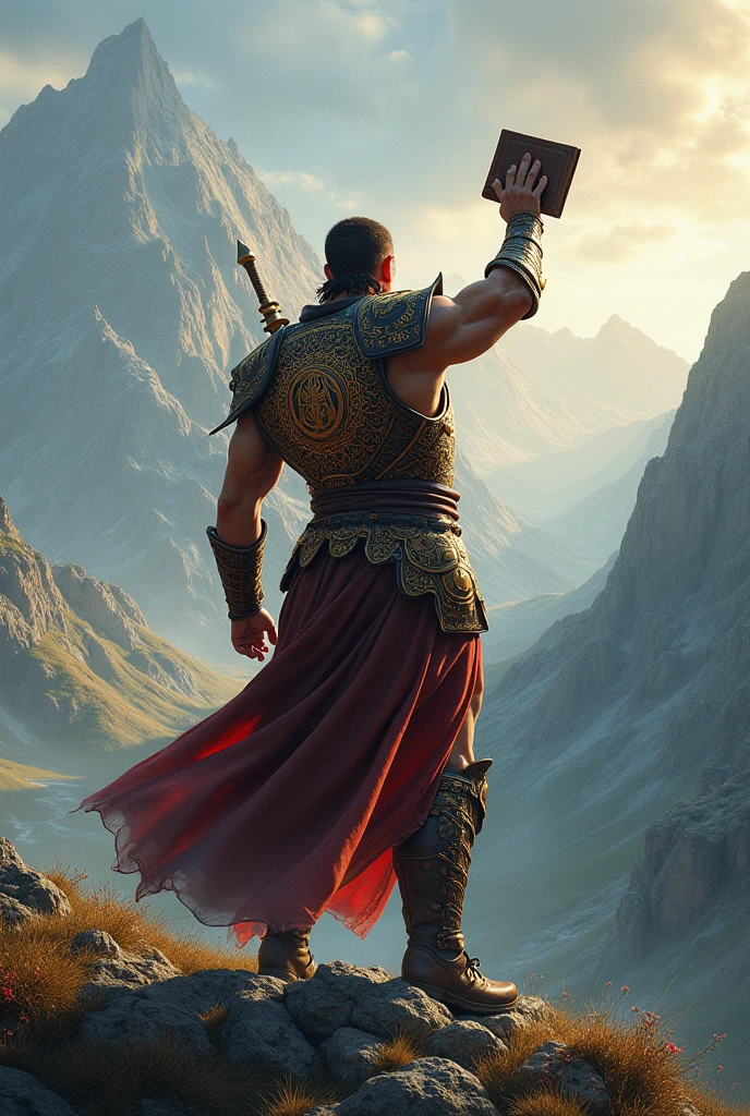 WARRIOR with back armor in a landscape going up, preaching the word of God bible in hand