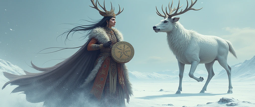 Mongolian Queen shaman deer antler winter clothing . shaman triangular shape drum. white dragon.