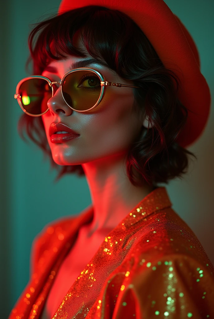 a high fashion photo of a beautiful woman wearing retro 1970s clothing, with dramatic rim lighting, iridescent accents, photo shot by Diane Arbus style, cinematic, dramatic lighting, high fashion editorial, intricate details, photorealistic, 8k, best quality