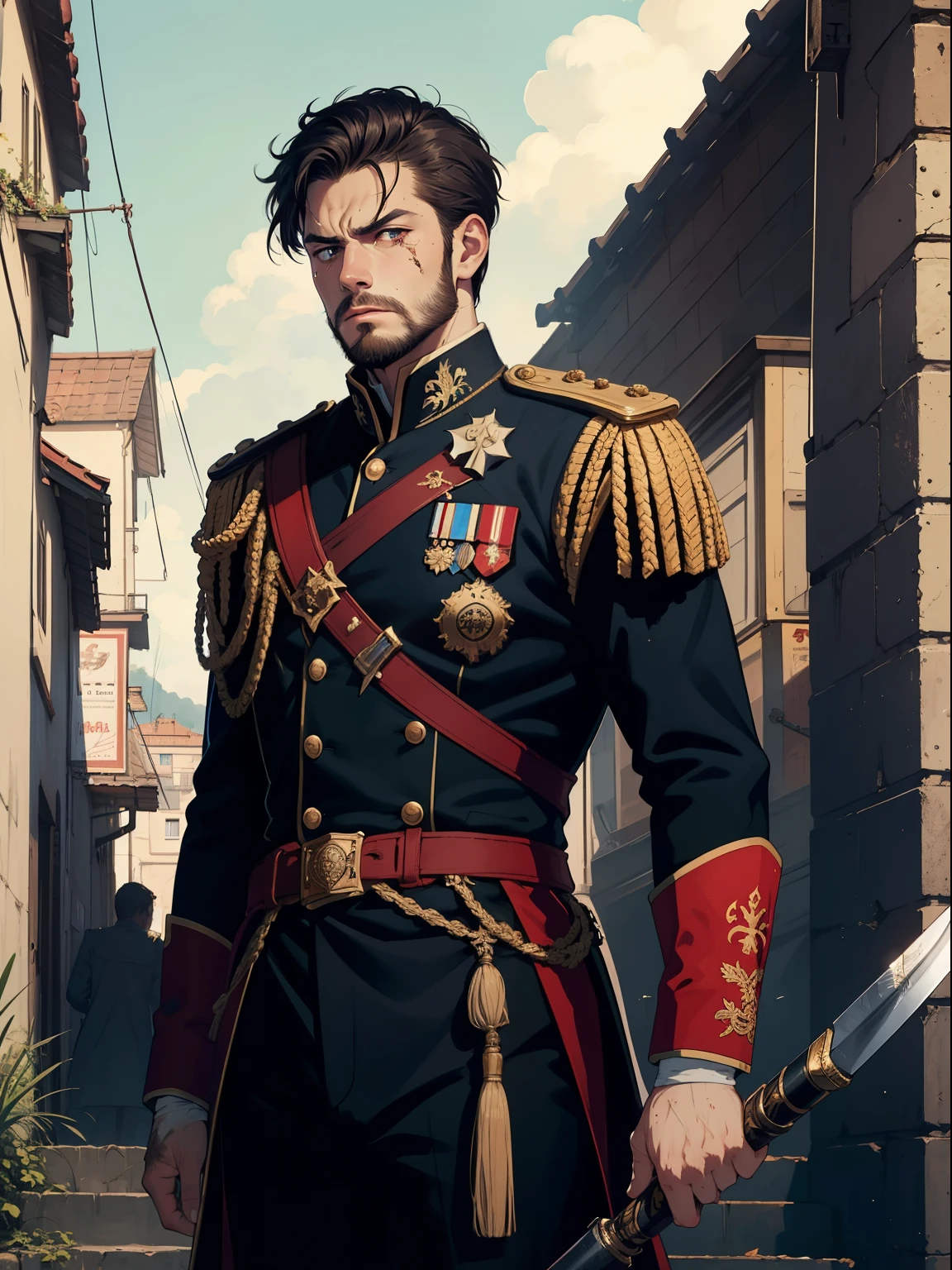 young man, short hair, brown, beard, royal uniform, navysword, angry eyes, high details, perfect anatomy, wounded, perfect eyes, war, majestic, mighty, german, movie, fight 