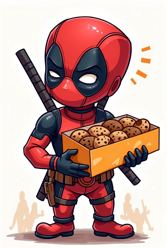 Deadpool holding a box of cookies in a cartoonish hand-drawn style