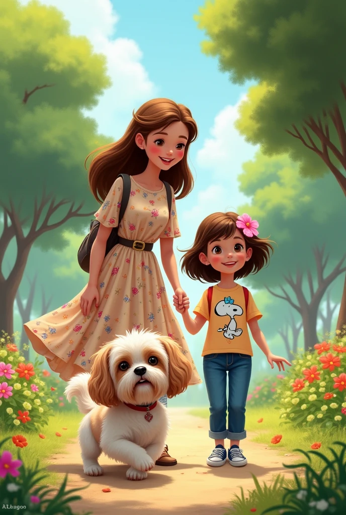 Create an image of a pink-skinned shitzu with brown spots, a brown-haired woman in a flowery outfit, and a granddaughter in a Snoppy blouse and jeans wearing Converse in a park.
