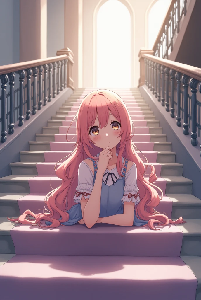 An anime style girl lying on the stairs facing forward
