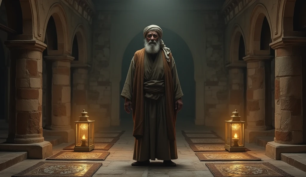 "An elderly religious man from ancient times, wearing a traditional turban, has been pushed inside a dimly lit mosque at night. The soft glow of lanterns casts shadows across the stone walls and prayer mats. The man, though startled, remains composed as he stands near the entrance, surrounded by the quiet and sacred ambiance of the mosque, with the stillness of the night amplifying the tension."