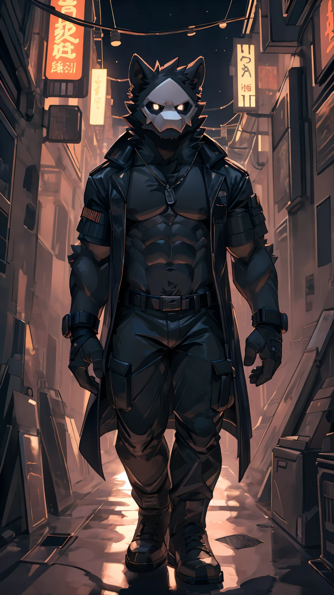 adult content, low-key light, cyberpunk, extremely_detailed, drawing of a puro (changed), (extremely detailed:1.uro, mask, puro_(changed)), black_cargo pants, bara, black_body, very long legs, long arms, very tall, muscular_body, 6 pack abs, male nipples, exposed_chest, tactical_gloves, black_cloak, black_fedora, large chest, exposed upper body, shirtless, dogtags, bandages, seductive_pose, hands_inside_pocket, serious_face, wide_open_legs, dark and gloomy atmosphere, dramatic light, camera angled lower, time, neon lights, alleyway, neon lights, midjourney, C7b3rp0nkStyle, VPL, Male focus, yofukashi background., Best quality, masterpiece