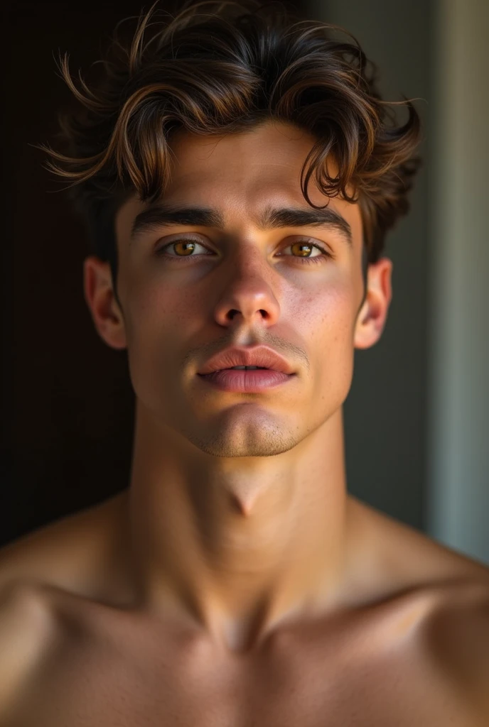 man who is 6'4 and 21 years, white race, masculine features, the most beautiful man, long brown hair, hunting amber eyes, greek god beauty, attractive, eyes hunting, hot body, sexy, passionate, thick brown eyebrows, hollow cheeks, plump rosy full Russian male lips, glowing ethereal beauty, flawless youthful skin, sexy physique, full body pic, v shape chin, L shape jawline, harmonious ethereal beauty 