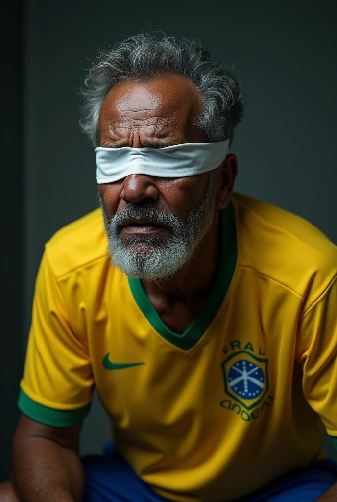 A very scared old black man with a blindfold wearing a Brazilian national team shirt