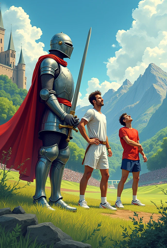 Create a comic with the characters of a medieval knight,a male tennis player and a male javelin player