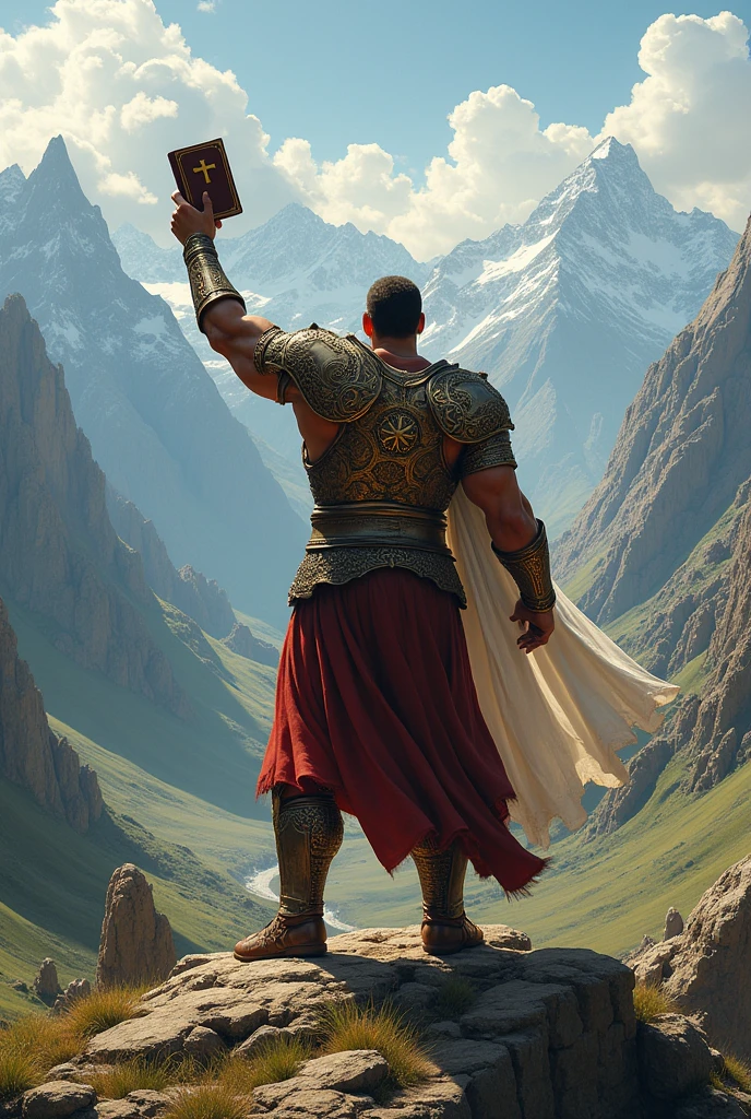 WARRIOR with back armor in a landscape going up, preaching the word of God bible in hand
