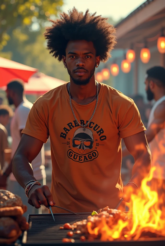 COOL AFRO COOKING A BARBECUE OUTDOOR WITH HIS SHIRT LOGO AS BBQ