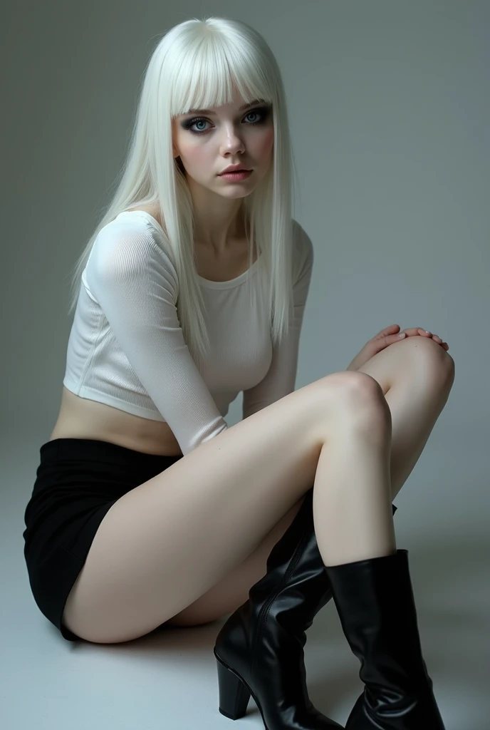 A (((full-body))) picture of an ethereally beautiful 1 girl. She has youthful caucasian features and ((very pale white skin)). Her eyes are a striking blue, and she is wearing ((heavy black eye makeup)). She has a very slim body with long thin legs and large round breasts. She is wearing a tight white crop top, a very short black miniskirt, and black boots. She is sitting in a provocative pose that shows off her legs, and her (((whole body from head to toe))) is shown in the photo.
