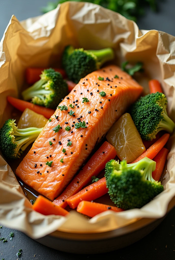 Create an image of this recipe: Salmon in Papillote with Vegetables Ingredients:
- Salmon fillets: 200 g - Carrot: 100 g - Broccoli: 100 g - Lemon: 1 unit - Olive oil: 10 ml
- Sal: 5 g - Pepper: 2 g Preparation:
1. Preheat the oven to 180°C.
2. Cut the carrot into thin strips and separate the broccoli into small florets..
3. Place a salmon fillet on a sheet of baking paper. Season with salt and pepper, and place the vegetables on top.
4. Squeeze the lemon juice over the salmon and vegetables..
5. Close the papillote and bake for 20-25 minutes., until the salmon is cooked.
6. Serve hot.