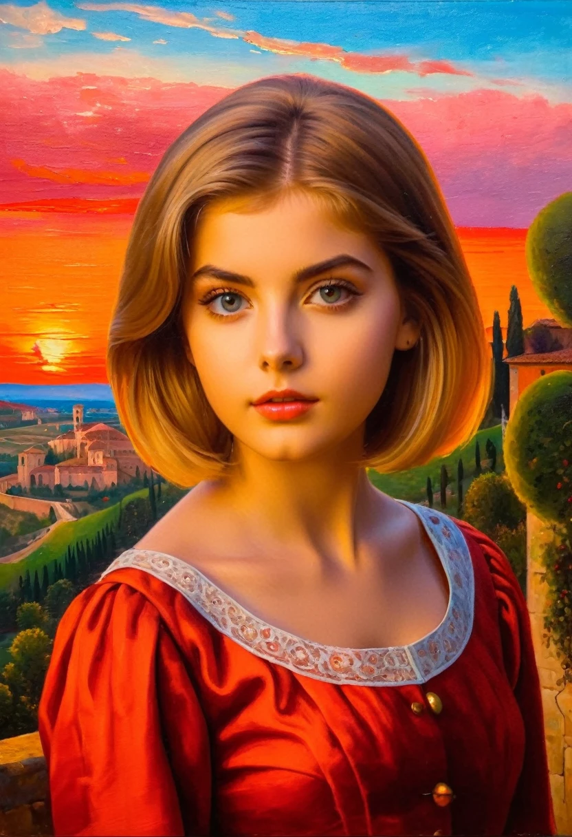 [[(front full portrait: young teen Brighton Sharbino (solo) with big eyes and a short hair oblique bob, apple)((Nicola da Urbino style))])):20]/[background: landscape
 Renaissance, old canva, (scarlet sunset), ((landscape style Alexey Savrasov:1,6))]/[very colorful,((oil painting palette knife))((masterpiece)),((highest detail))]]