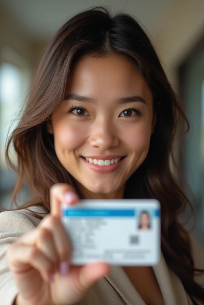 Take a selfie with  a woman's the left hand holding an ID card. Where There will be no blur in the image the woman's face is clearly understood. There will be no blur on the ID card Clear image will have no blur 