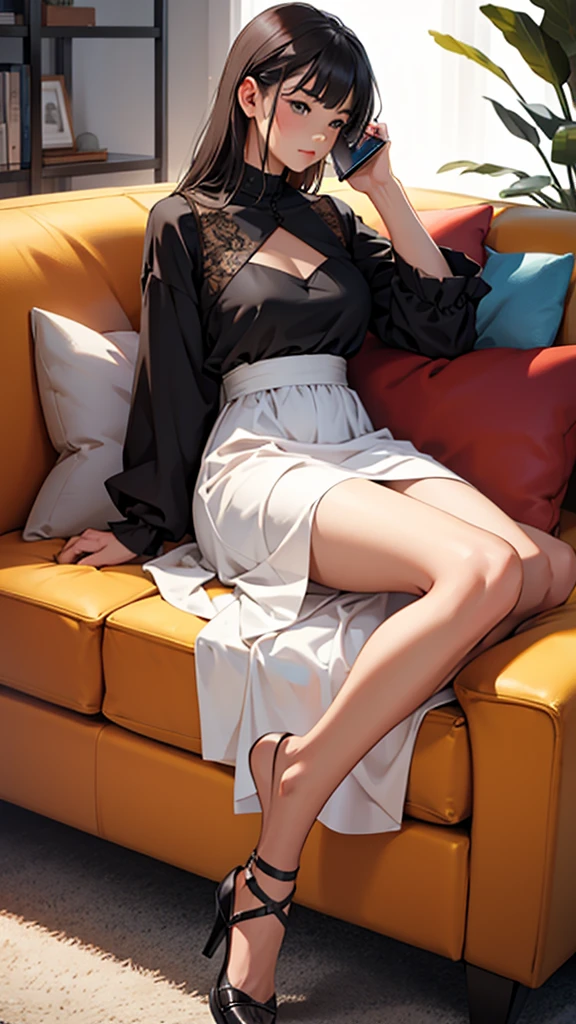 A girl in a dress answering a phone call while sitting on a couch. Perfect body