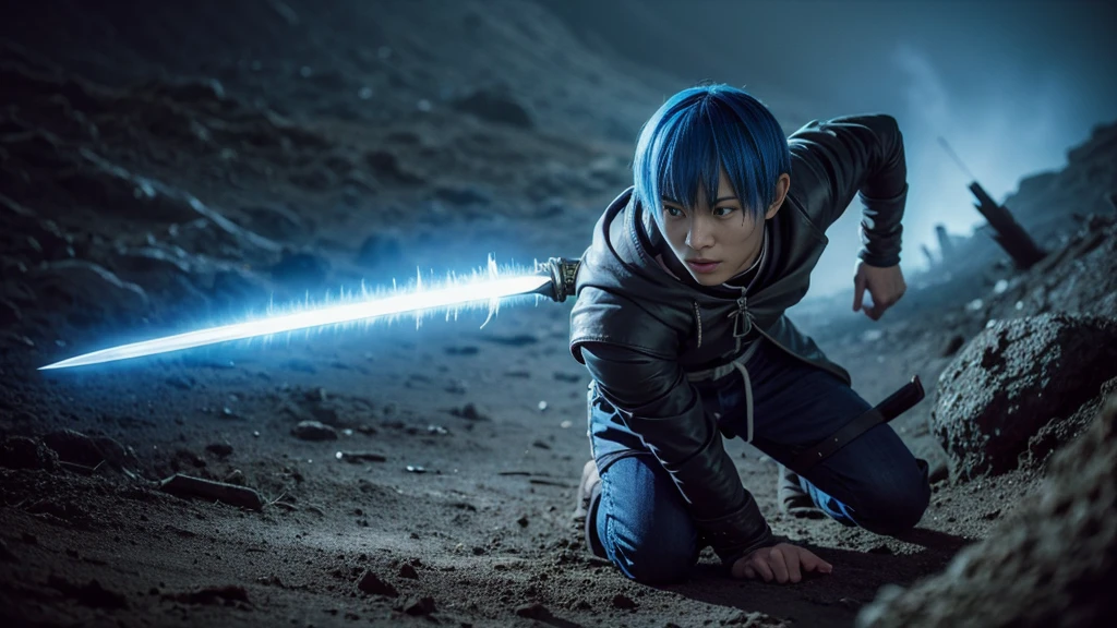  A young Japanese man, around 20 years old, with vibrant blue hair, engaged in a fierce battle against a grotesque goblin, resembling the twisted monsters from "The Lord of the Rings" films. The man, wearing a detailed cape and jacket, is covered in dirt, grime, and battle scars. His skin is hyper-detailed, showing realistic textures, pores, and traces of sweat, dirt, and blood. He grips a sharp sword, his face focused and intense, with eyes that convey determination. The goblin's deformed, menacing features, with skin textures, scars, and earth-stained appearance, are similarly hyper-detailed. The environment around them feels gritty and war-torn, with debris, dirt, and smoke swirling in the air. The image is captured in ultra-realistic 4K and 8K quality, ensuring every detail, from skin pores to fabric texture, is rendered with stunning clarity.