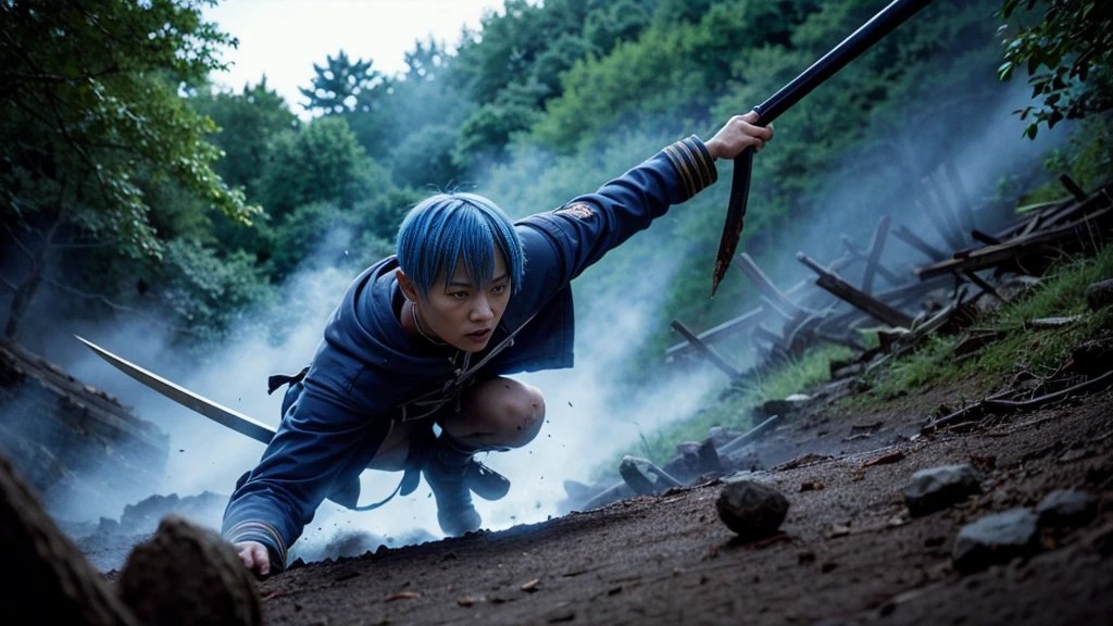  A young Japanese man, around 20 years old, with vibrant blue hair, engaged in a fierce battle against a grotesque goblin, resembling the twisted monsters from "The Lord of the Rings" films. The man, wearing a detailed cape and jacket, is covered in dirt, grime, and battle scars. His skin is hyper-detailed, showing realistic textures, pores, and traces of sweat, dirt, and blood. He grips a sharp sword, his face focused and intense, with eyes that convey determination. The goblin's deformed, menacing features, with skin textures, scars, and earth-stained appearance, are similarly hyper-detailed. The environment around them feels gritty and war-torn, with debris, dirt, and smoke swirling in the air. The image is captured in ultra-realistic 4K and 8K quality, ensuring every detail, from skin pores to fabric texture, is rendered with stunning clarity.