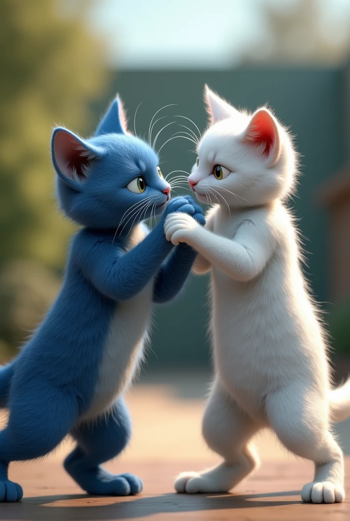 Boks yapan iki tane kedi biri mavi biri beyaz olsun gerçekçi