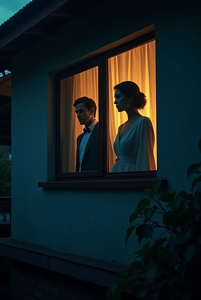 create cinematic, photo realistic film poster of a man and his wife peeping through window of a first floor posh bungalow at someone down below, suspiciously, side face profile, Darjeeling at late night, no other houses in the vicinity,